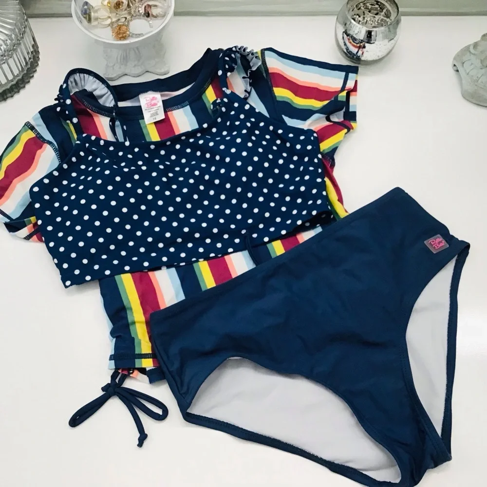 Ruffle Butts Navy Stripe Rashguard Swim Set Sz 16